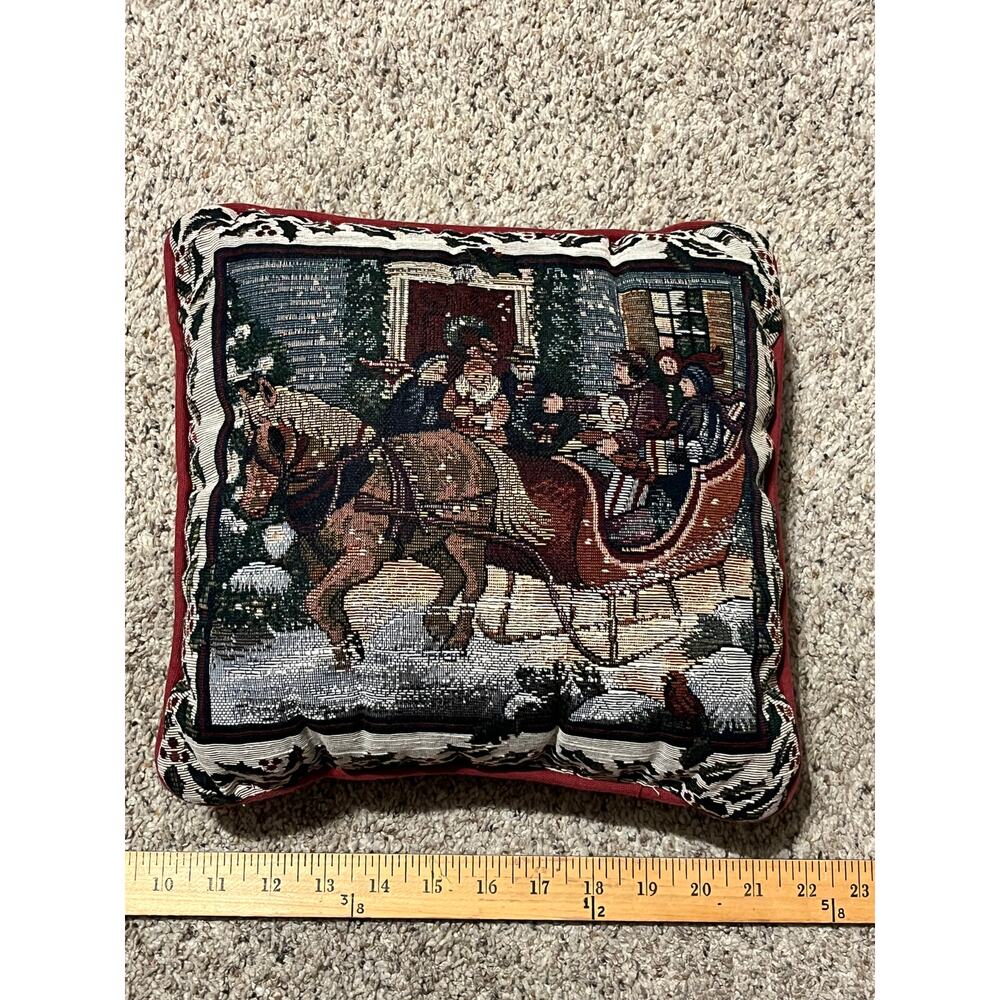 Christmas Tapestry Accent Pillow Sleigh  Vtg Horse People Kids Snow Holly 12" - Picture 2 of 4